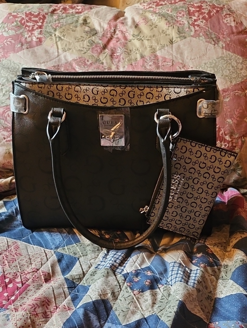 Guess Black Tote with Logo Trim and Matching Monogram Wristlet